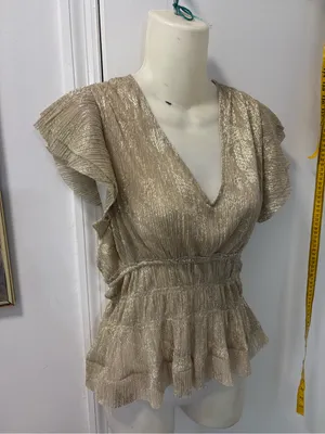 Anthropologie Smocked Metallic Gold Short-Sleeve Top thumbnail 2