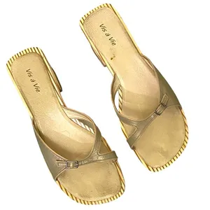 Retro Vis a Vie Gold Leather Wood Slide Sandals Size 9 thumbnail 1