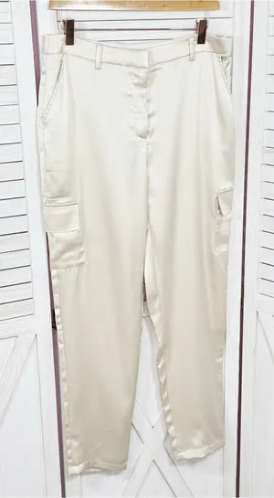 Bailey 44 Satin Cargo Pants Trousers Cream Medium High Waist Ankle Tapered thumbnail 1