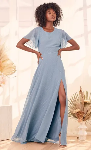 New Lulus Deep in my heart slate blue Swiss Dot cut out maxi dress size small thumbnail 1