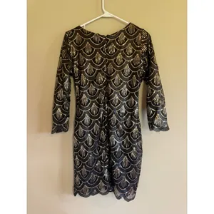 Gianni Bini Black Gold Sequin Mini‎ Dress Art Deco Scalloped Long Sleeve Medium thumbnail 2