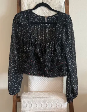 NWOT Free People Black, White, Red & Green Floral Print Bohemian Smocked Top thumbnail 1