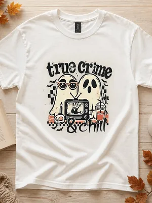 Gildan “True Crime & Chill” Halloween Theme 100% White Cotton T Shirt Size XL thumbnail 1