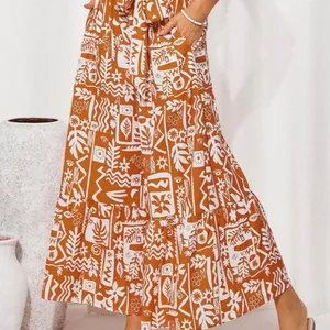 Orange White Abstract Print Wide Leg Tie Waist Ruffle Hem Pants Summer Holiday thumbnail 1