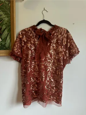 Anthropologie Floral Sequin Rust Orange Ruffle Tie Blouse Womens Large thumbnail 8