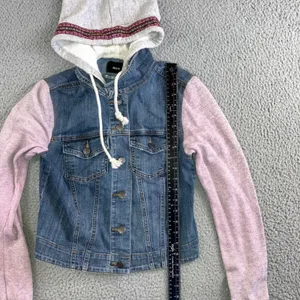 BDG Urban Outfitters Denim‎ Jacket Women Medium Hooded Mixed Media Pink Sleeves thumbnail 4