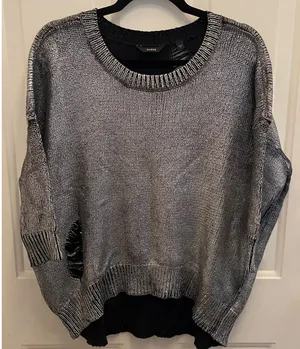 Guess Metallic Silver Black Distressed Knit Sweater Womens L‎ Chunky Oversized thumbnail 1