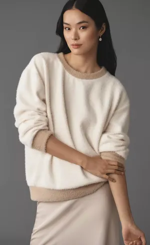 Maeve Anthropologie Cozy Ringer Oversized Sweater Fuzzy Cozy NWOT Small Medium thumbnail 1