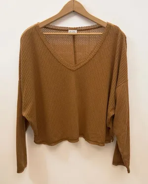 Others Follow Brown Waffle Knit V-Neck Cropped Long‎ Sleeve Top Size M thumbnail 1