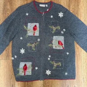 Croft & Barrow Embroidered Christmas Cardinal Sweater Womens XL Wool Angora Gray thumbnail 2