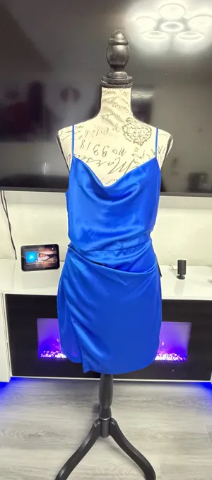Zara Royal Blue Satin Cowl-Neck Mini Dress - Size Small 💙 thumbnail 6