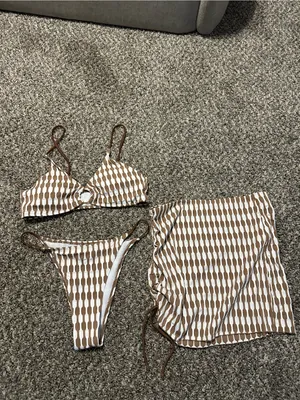 Amazon 3-Piece Brown & Cream Houndstooth Bikini Set thumbnail 2