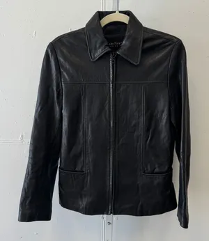 Vintage Andrew Marc NY Genuine‎ Leather Women's Jacket Zip Front Collared Small Black thumbnail 1