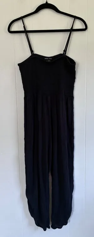 Prana Womens Black Smocked Gauze Jumpsuit Adjustable Straps L Lagenlook Boho thumbnail 1
