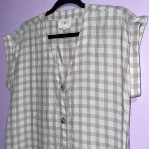 NEW Lou & Grey Linen Dress Women XS Tan Gingham Button Beach Vacation Preppy thumbnail 2