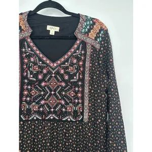 Style &‎ Co Dress Large Black Boho Embroidered Beaded Boho Peasant Dress Flowy thumbnail 3