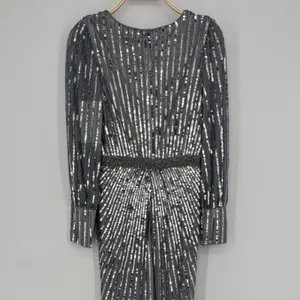 Mac Duggal Sequined Wrap Over Bishop Sleeve‎ Gown 4 Silver Formal Gala Wedding thumbnail 8