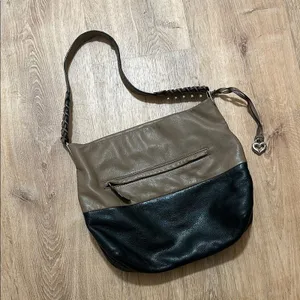 Brighton | Women's‎ Two Tone Taupe Black Hobo Heart Charm Leather Shoulder Bag thumbnail 2