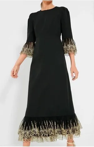 NWT POMANDER PLACE Black Lillith Maxi‎ Cocktail Dress w/ Gold Lace Size Large thumbnail 1