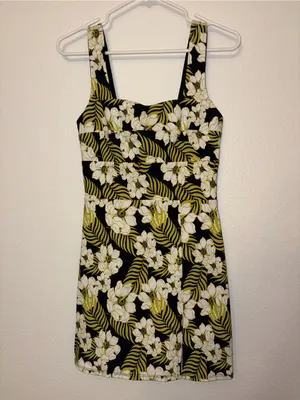 Tropical Floral Square Neck Bow Tie Back Mini Dress Olive Green White Black thumbnail 2