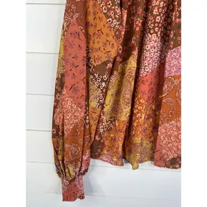 AURA Blouse Womens Size L Patchwork Tie Neck Long Sleeve Bohemian Relaxed Fit thumbnail 5