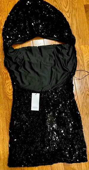 Akira NWT Cool Girl" Hood runway black Sequin Deep V Halter backless dress L thumbnail 16