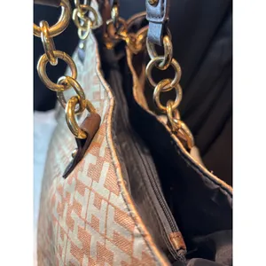 Tommy Hilfiger Monogram Tote Bag Brown Tan Gold Chain Hardware Large Handbag thumbnail 8