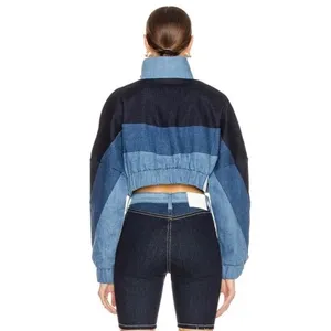 Unbranded Women NA Colorblock Denim Cropped Bomber Jacket Blue Black‎ Mock Neck thumbnail 3