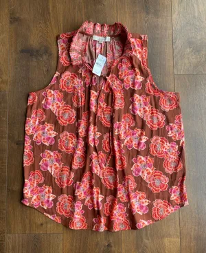 LOFT Rust Floral Tie-Neck Sleeveless Top with Pink Accents thumbnail 1