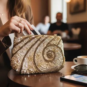 Vintage La Regale Sequin Clutch Bag Gold Swirl Beaded Evening Pouch Glam‎ Disco thumbnail 9