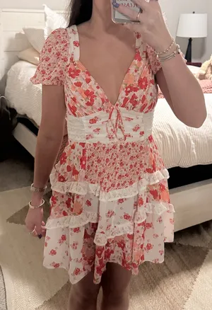 Altar'd State Red & White Multi Floral Ruffle Tiered Mini Dress thumbnail 4