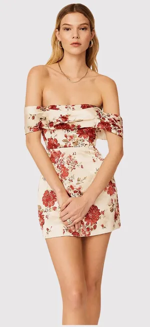 Reformation Mini Dress Beige Lanelle Silk Floral Off Shoulder Satin Smocked XS thumbnail 1