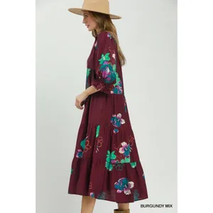 Umgee Floral Print Tiered Midi Dress with Puff Sleeves‎ - Burgundy - Small thumbnail 2