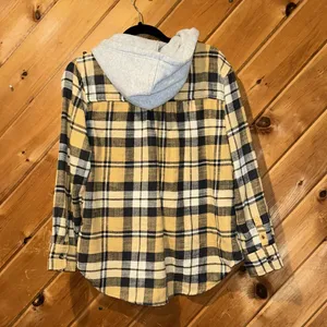 American eagle yellow gray plaid flannel hooded button up shirt thumbnail 6