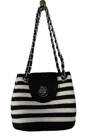 Striped Black and Cream Shoulder Bag with Chain Strap Black thumbnail 1