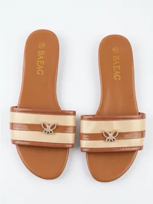 No Boundaries Tan and Cream Slide Sandals with Gold Accent thumbnail 2