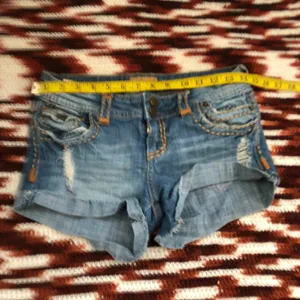 Y2K 2000s Micro Mini Baddie Low Rise Denim Jean Shorts Bedazzled Khaki Brown Stitching Ripped Distressing Cuffed Hem-Size 29 #wings #gothic #whimsygoth #cross #angel cyber punk biker thumbnail 4