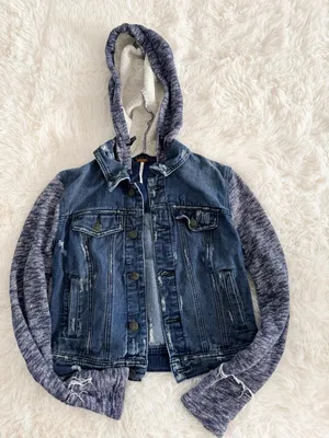 Free People Knit Hooded Distressed Denim Jacket Size XS thumbnail 1