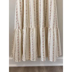 Cream Floral Cotton Maxi Dress Lace Tie Cottagecore Tiered Ruffle M thumbnail 8