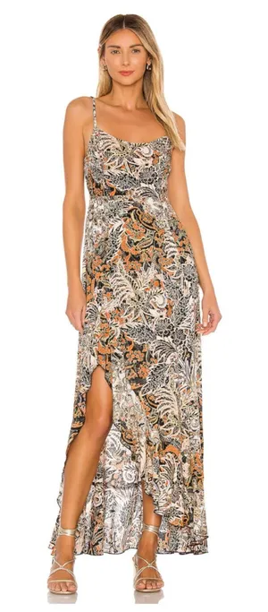 Free People Forever Yours Smocked Slip Maxi Dress Small Brown Black Floral Boho thumbnail 1