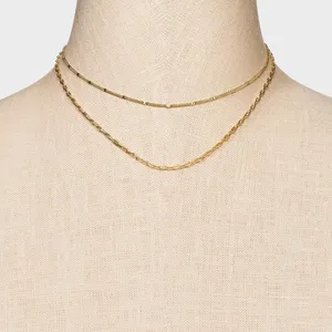 Target 14K Gold Plated Flat Beaded and Link Chain Duo Necklace - A New Day™ Gold: Nickel-Free, Lobster Clasp thumbnail 2