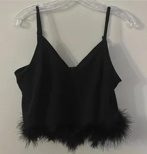 Black Spaghetti Strap Crop Top Boa Fur Trim Holiday Party Club Festival thumbnail 1