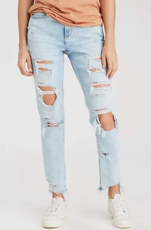 American eagle AE stretch mom jeans light wash blue ripped distressed size 4R thumbnail 1