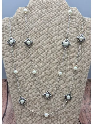 The Brighton Courtesan Necklace Long Vintage Style Glass Pearl Crystal Stations thumbnail 7