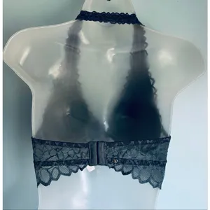 Victoria's Secret PINK Bralette Gray Lace Halter Floral Plunge Small thumbnail 3