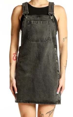 Free People Rocky Mountain Denim Overall Dress Charcoal Gray Sz 8 Snap Side Mini thumbnail 1