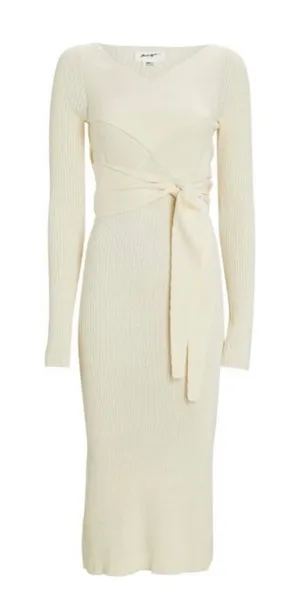 The Line by K Kane Knit Midi Dress Cream M Cutout Back Tied Waist Wrap V Neck thumbnail 1