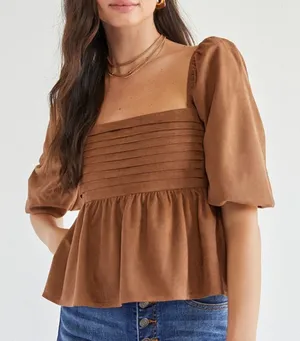 francesca's Miami Payton Faux Suede Pleated Blouse Brown‎ Sz L thumbnail 1