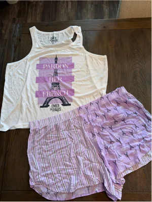 Emily in Paris Pajama Set 2X White Purple EUC thumbnail 1