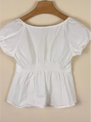 Brandy Melville Blair Top White Puff Sleeve Babydoll Button Front XS thumbnail 4